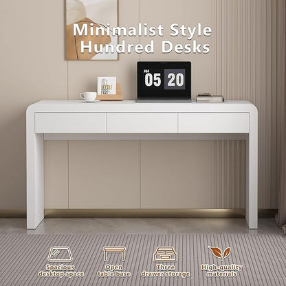 Executive Desk with Drawers, White Computer Desk with Drawers with Three-Layer Lacquered Thick Wooden Board, 55 inch Modern Home Office Desk for Study, Living Room, Bedroom