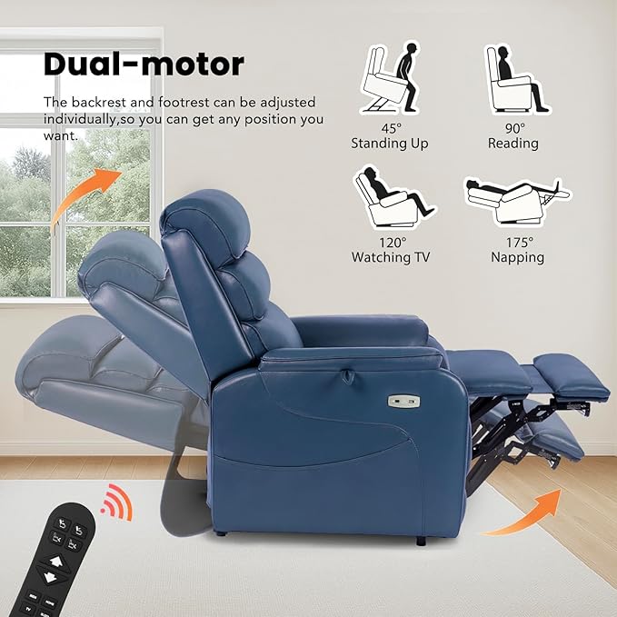 EONIX Large Lay Flat Power Lift Recliner Chair for Elderly, Oversized Electric Lift Chairs, 400lbs Heavy Duty Power Recliner with Heat and Massage, SLRY022063, Navy Blue