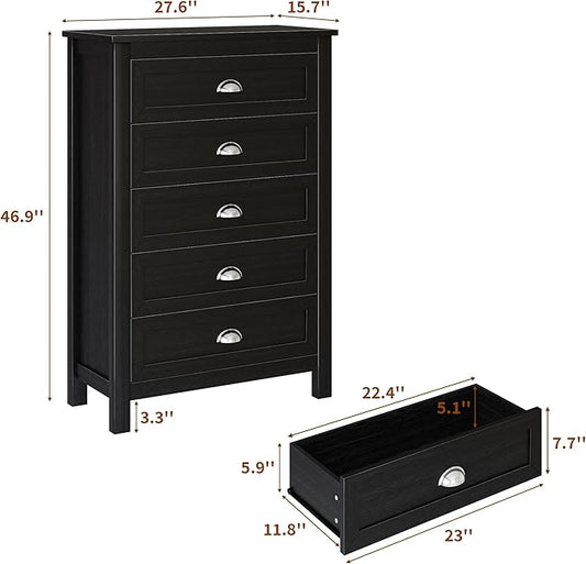 5 Drawer Dresser, Farmhouse Tall Dresser for Bedroom, Antique Black Chest of Drawers, Modern Dressers for Bedroom, Closet