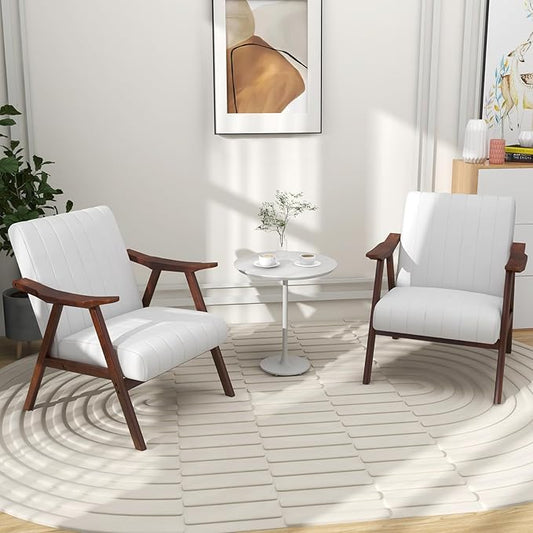 Giantex Mid-Century Modern Accent Chair Set of 2, Upholstered Comfy Living Room Chair with Arms, Anti-Slip Felt Pads, Wooden Frame Soft Padded Armchair for Living Room Bedroom Office Study, Beige