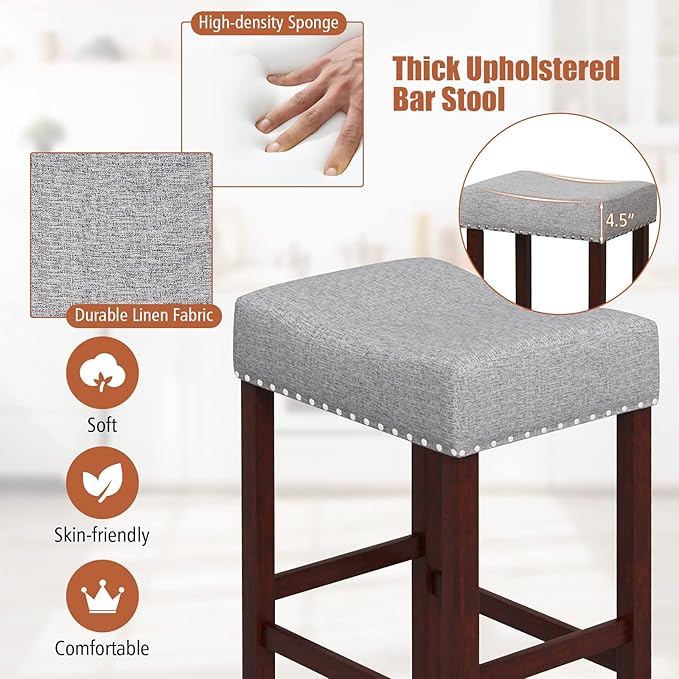 COSTWAY Counter Height Bar Stools Set of 4, 25-inch Backless Saddle Stools with Nailhead Trim, Rubber Wood Frame, Footrest, Max Load 330 Lbs, Upholstered Barstools for Kitchen Island Pub, Grey