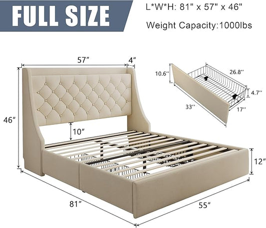 Full Size Upholstered Platform Bed Frame with 4 Storage Drawers and Charging Station, Linen Button Tufted Wingback Headboard, Sturdy Wooden Support Slats, No Box Spring Needed, Beige