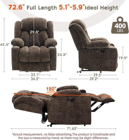ABCASA Large Dual Motor Lay Flat Power Lift Recliners Chair for Elderly with Heat ＆ Massage, Comfortable Chenille Recliner, USB-A ＆ C, Cup Holder, Side Pocket, Brown