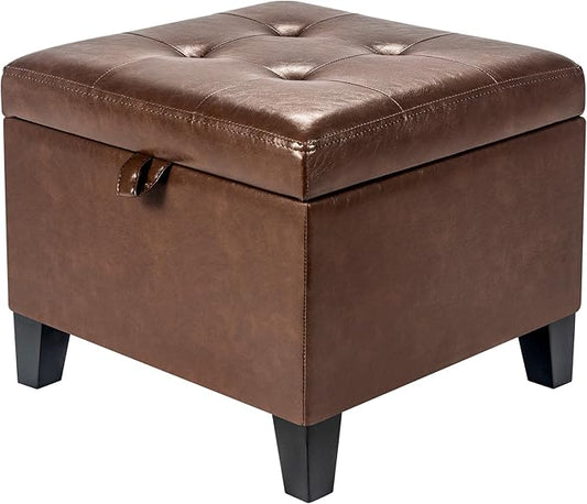 Asense 17 Inch Faux Leather Ottoman with Storage, Square Ottoman Footstool Upholstered Footrest for Couch Entryway Bedroom Living Room, Coffee
