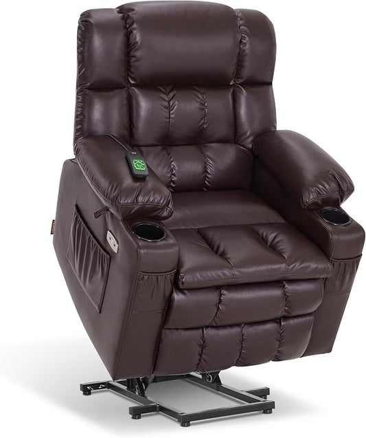 MCombo Dual Motor Small Power Lift Recliner Chair for Elderly, Lay Flat Lift Chair with Heat and Massage, Petite Lift Chair, Cup Holders, Faux Leather 7893 (Dark Brown, Small)