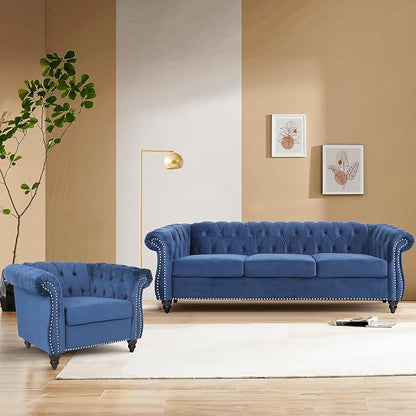 Home Sofa Living Room Furniture, 3 Seater 84" Velvet Upholstered Couch, Mid Century Modern Comfy Couch with Cushions, Classic Tufted Chesterfield Couches for Bedroom, Office, Apartment (Blue)