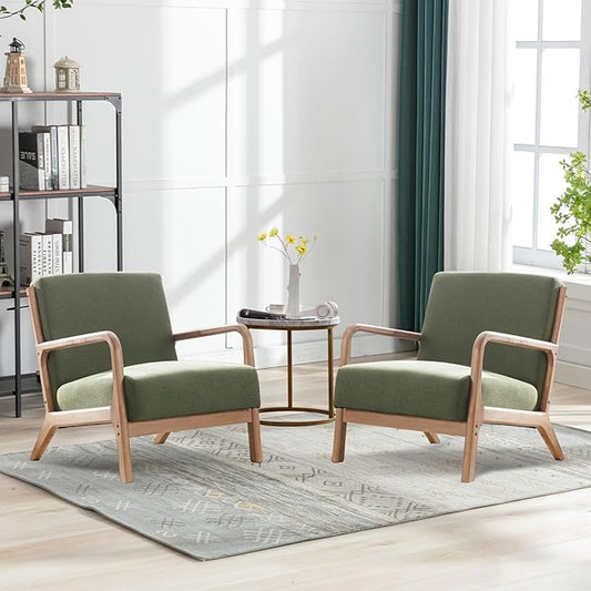 ANJ ANJHOME Mid Century Modern Accent Chairs Set of 2, Comfy Fabric Reading Chair with Solid Wood Frame, Easy Assembly Armchair for Living Room Blackish Green 2
