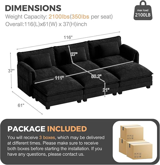 ELUCHANG 116" Luxury Modular Sectional Sofa, Comfy Deep Seat Cloud Couch, Sleeper Sofa Bed, 6 Seat Modern Couch with Removable Cover for Living Room, Apartment, DIY Combination, Chenille Black