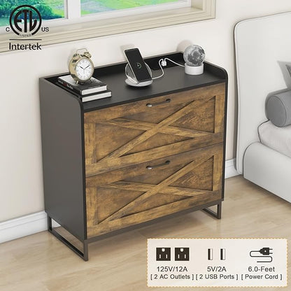 Lateral File Cabinet with Charging Station, 2 Drawer File Cabinet for Letter/Legal/A4 Size Hanging Files, Large Wood File Storage Cabinets, Rustic Brown and Black