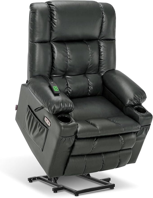 MCombo Dual Motor Large Power Lift Recliner Chair for Elderly, Lay Flat Lift Chair with Heat and Massage, Big Lift Recliner for Tall People, Faux Leather 7896 (Grey, Large)