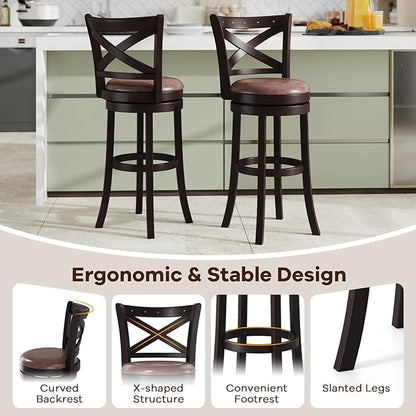 COSTWAY Bar Stools Set of 2, 30" Swivel Bar Height Bar Chairs with Copper Nails, Upholstered Seat, X-Shaped Backrest, Solid Rubber Wood Frame, for Kitchen Island Pub Bar