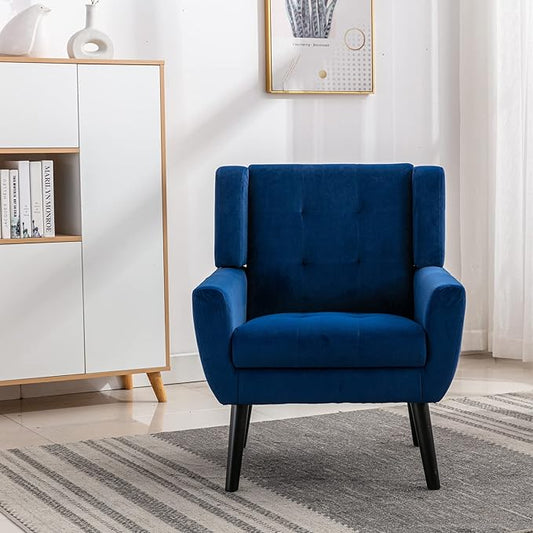 Dolonm Midcentury Modern Velvet Accent Chair with Arms, Upholstered Reading Side Chair Tufted Back Decorative Wingback Chair for Living Room Bedroom (Blue - Velvet)