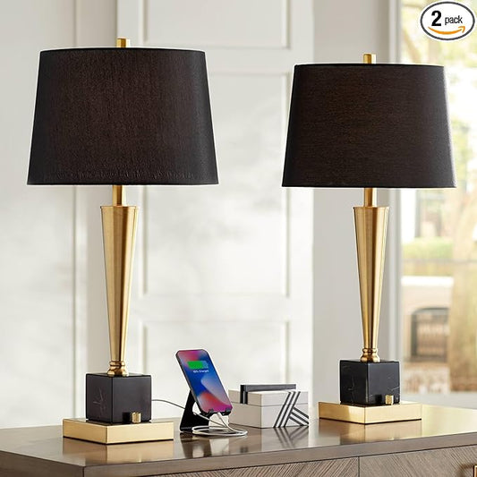 Possini Euro Design Wayne Modern Table Lamps 29 1/4" Tall Set of 2 with USB Charging Port Brass Gold Black Tapered Drum Shade for Bedroom Living Room Nightstand Bedside Night Stand Office Kids Room