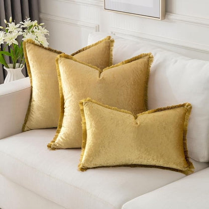FUTEI Christmas Gold Velvet Decorative Throw Pillow Covers 24x24 Set of 2,Soft Cozy Edge with Tassels European Cushion Case,Boho Modern Home Decor for Couch Bed Living Room