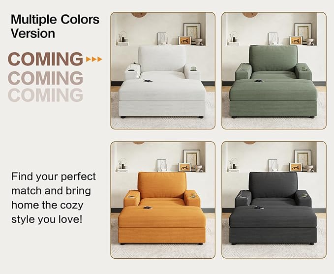 Christopher Knight Home Zoe Oversized Chaise Lounge Chair Indoor with Cup Holders & USB Charging Port, Corduroy Upholstered Sofa Bed + Ottoman with Storage, Comfy Deep Seat Sleeper Sofa Chair, Green
