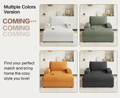 Christopher Knight Home Zoe Oversized Chaise Lounge Chair Indoor with Cup Holders & USB Charging Port, Corduroy Upholstered Sofa Bed + Ottoman with Storage, Comfy Deep Seat Sleeper Sofa Chair, Grey