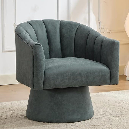 Swivel Accent Chair, Faux Leather 360° Swivel Barrel Chair Upholstered Modern Living Room Chair, Overstuffed Reading Armchair for Bedroom,Vanity,Office-Navy
