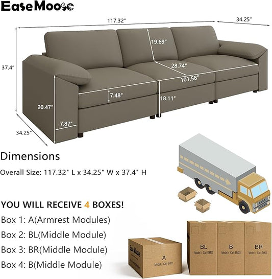 EASE MOOSE 3 Seater Deep Seat Sectional Sofa,Scratch Resistant Faux Leather Material, Oversized Modular Couch for Living Room,Modern Comfy Sofas for Small Spaces, Light Grey
