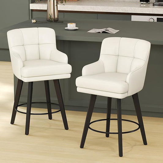 360°Swivel Counter Height Bar Stools with Back, 26 inch Solid Wood Legs, Bar Stool Modern Kitchen Island Chairs, Faux Leather (Beige- Faux Leather, 26" H- Set of 2)