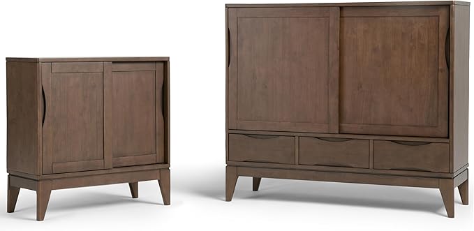 SIMPLIHOME Harper SOLID WOOD 30 inch Wide Mid Century Modern Low Storage Cabinet in Walnut Brown, with Large Space Behind 2 Sliding Notched Handle Doors with 2 Adjustable Shelves