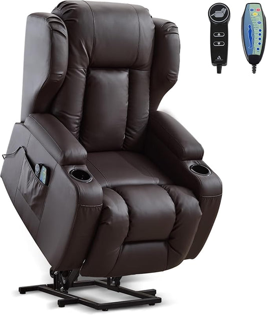 Power Lift Recliner Chair for Elderly, Electric PU Leather Reclining Single Sofa with Massage & Heat, Side Pocket, Cup Holders and USB/Type-C Charge Port for Living Room (Brown)