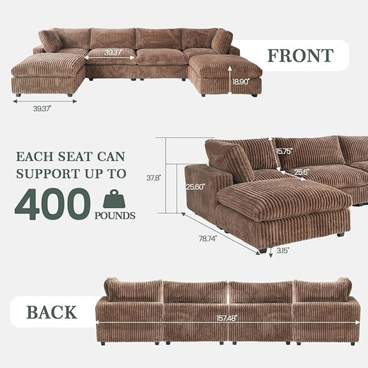 Modular Sectional Sofa, Convertible U Shaped Couch with Chaise Ottoman, Deep Seat Cloud Sectional Couch, 6 Seat Comfy Modular Sofa for Living Room, Office, Apartment, Brown