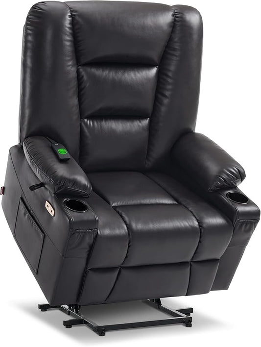 MCombo Oversized Power Lift Recliner Chair with Massage and Heat for Big and Tall Elderly People, Cup Holders, USB Ports, Side Pockets, Faux Leather R7541 (Black, Large-Oversize)