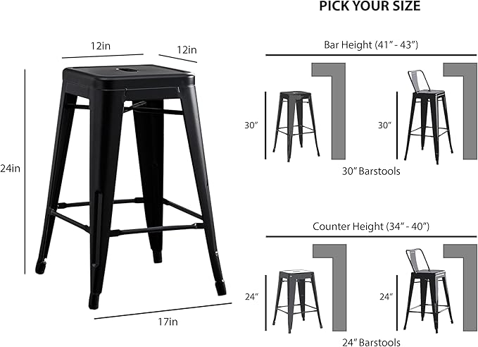 AC Pacific 24” Metal Backless Barstool Set of 2 – Country Rustic Style, Lightweight & Sturdy Build, Easy Assembly – Matte Black Finish