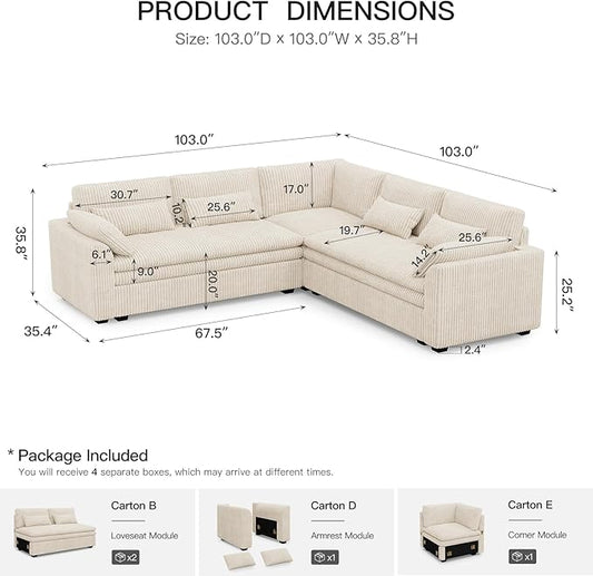 Belffin Large Modular Sectional Sofa with Double 61" Loveseat, Corduroy Corner Couch with 9" Soft Dual-Layer Seats Cushion for Living Room, Apartment, Small Sapce, Beige