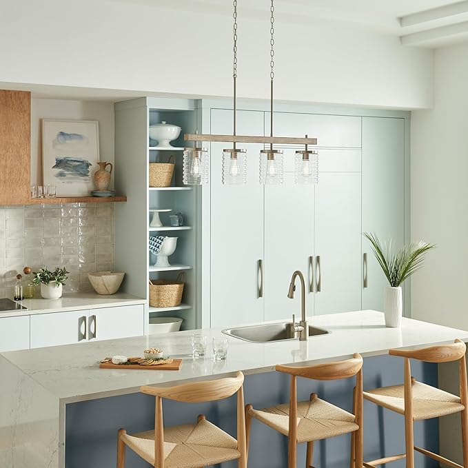 KICHLER Maritime 4-Light Linear Chandelier in a Classic Brushed Nickel Finish with a Clear Horizontal Ribbed Glass Shade, 82399