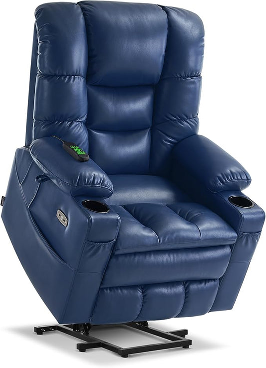 MCombo Large Triple Motor Power Lift Recliner Chair with Massage and Dual Heating, Adjustable Headrest for Tall Elderly People, Faux Leather 7634 (Blue, Large)