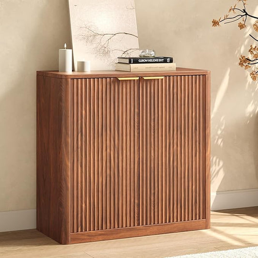 Evermagin 31.5" Walnut Buffet Cabinet with Storage, Small Sideboard Cabinet, Mid Century Modern Accent Credenza, Fluted Console Table with Doors for Dining Room, Kitchen, and Living Room