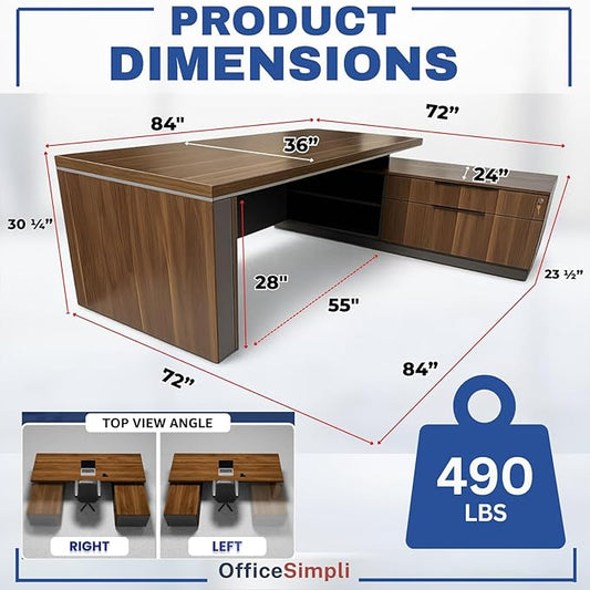 OfficeSimpli Modern L Shaped Executive Desk, 84x72x30 Inch - Made in USA – Ships Mostly Assembled – Home Office Workstation & Business Furniture, CEO Desk Table with Cabinets & Lockable Drawers