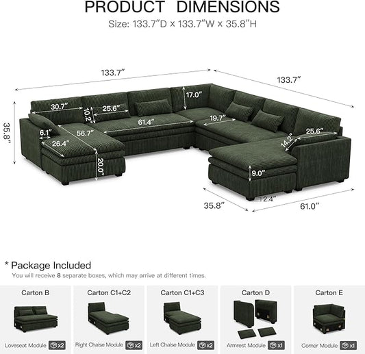Belffin Large Modular Sectional Sofa with Double Deep Chaise and Loveseat, Corduroy U Shaped Couch with 9" Soft Dual-Layer 9 Seats Cushion for Living Room, Apartment, Green