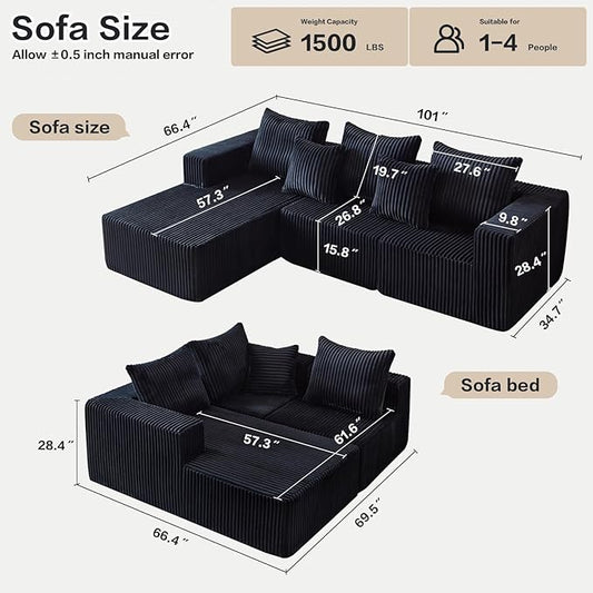 Modular Sectional Sofa, 101" Boneless Couch Sectional, Deep Seat L Shaped Sofa, All-Foam Filled Cloud Couch for Living Room (Black, Corduroy)