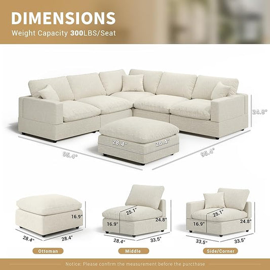 Modern Sectional Linen Cloud Couch for Living Room V-Shape Sofas,5 Seat Modular Sofas with Ottoman,Couches Cushion Covers Removable,Cozy Feather Down Sofa for Apartment Beige