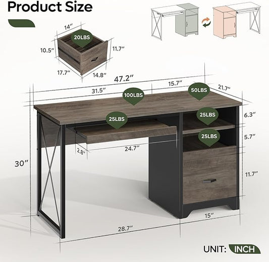 Bestier 47" Office Desk with Drawers, Industrial Computer Desk with Drawer, Reversible Teacher Desk with Storage & Keyboard Tray for Small Space Home Office & Studio, Gray Wash