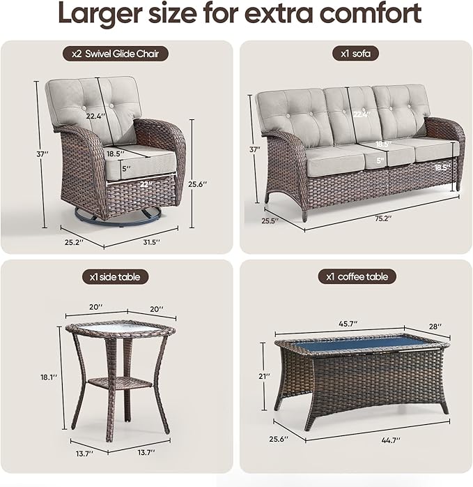 5-Piece Rotating Balcony Chair Set with 31-inch T-Shaped Wide backrest - Rattan Outdoor Rotating Balcony Chairs, Wide backrest Comfortable Outdoor Sliding Chair - Brown | Beige