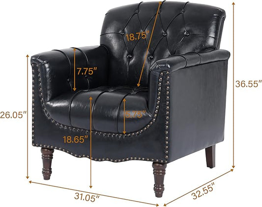 UIXE Faux Leather Accent Chair for Living Room, Tufted Arm Chair Retro Upholstered Club Armchair with Solid Wood Legs, Black Blue