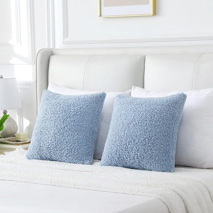 FUTEI Light Blue Throw Pillow Covers 24x24 Inch Set of 2,Furry Faux Fur Teddy Boucle Textured Cushion Covers,Soft Fluffy European Pillow Shams,Home Decor for Couch Bed Living Room Office Car