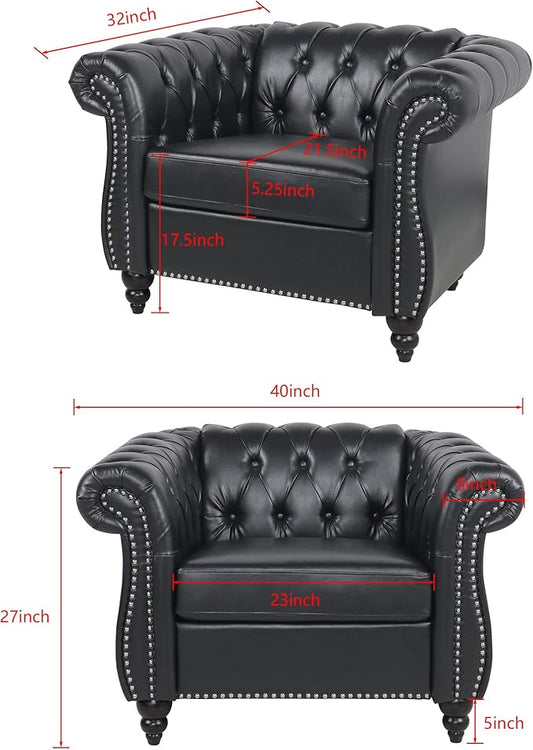 LEVNARY Leather Upholstered Armchair, Mid-Century Modern Single Sofa Chair with Rolled Arms and Nailhead, Tufted Pu Leather Chesterfield Chair for Home Bedroom Reading Room (Black)