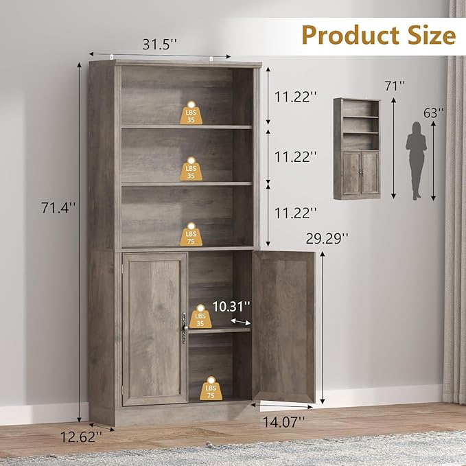 72'' Tall Bookcase with Doors, Adjustable Shelves, P2 MDF Construction, 32'' Wide Freestanding Cabinet with Metal Handles, Hidden Storage for Living Room, Bedroom, Grey