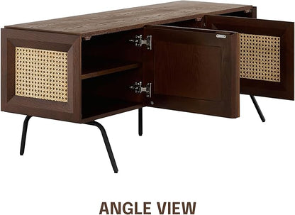 NTC Mossic TV Media Cabinet with 3 Doors for TVs, Entertainment Center with Natural Rattan, Metal Legs, Modern Storage Console for Living Room and Bedroom, Effortless Assembly, Dark Walnut