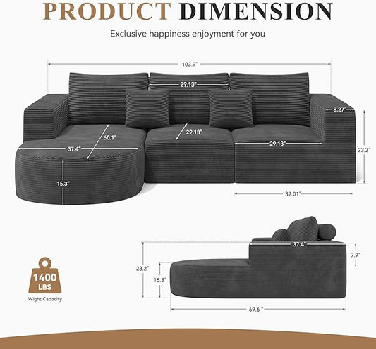 Modular Sectional Sofa with L-Shape Chaise,Cloud Sectional Modern Sleeper Couch with Deep Seat,Sponge Compression Sofas No Assembly Required (Dark Gray-Corduroy Fabric) 1PCS