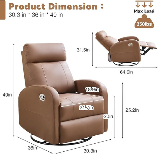 Swivel Rocker Recliner Chair, Manual Faux Leather Recliner, Glider Rocking Recliners 360°Swivel Nursery Reclining Chairs with Adjustable Headrest Highback for Living Room, Coffee
