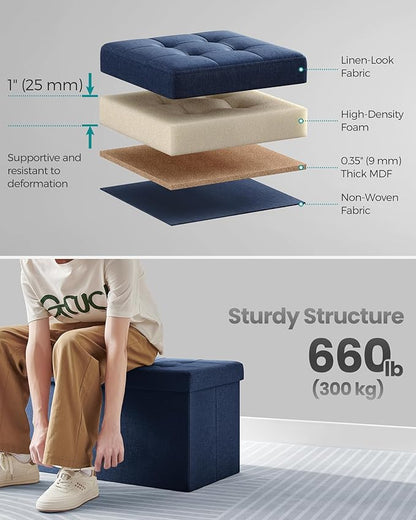 SONGMICS Mazie Collection - 30 Inches Storage Ottoman, Foldable Storage Bench with Flipping Lid, 660 lb Load Capacity, for Entryway, Living Room, Bedroom, Midnight Blue ULSF046Q02