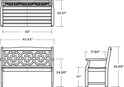 Martha Stewart by POLYWOOD Chinoiserie 48" Outdoor Bench for Patio, Porch & Backyard, Black - Durable All-Weather HDPE Garden Seat with Back Support - Classic 2 Person Seating, Made in The USA