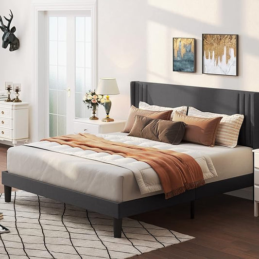 Gizoon Queen Bed Frame with Wingback Headboard, Upholstered Platform Bed with Modern Geometric Headboard, Wooden Slats, Noise-Free, No Box Spring Needed