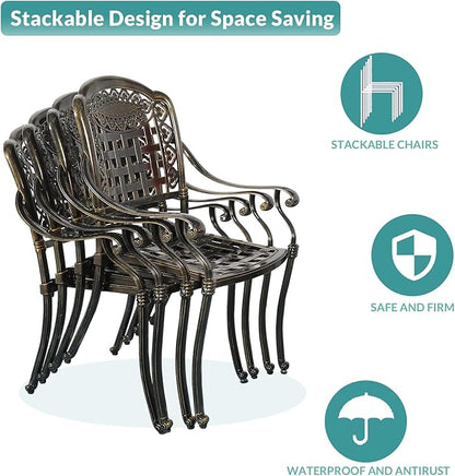 MEETWARM 9-Piece Outdoor Furniture Dining Set, All Weather Cast Aluminum Patio Garden Set with 8 Chairs, 8 Cushions, 1 Oval Table, 2" Umbrella Hole, Dark Bronze, Ocean Blue