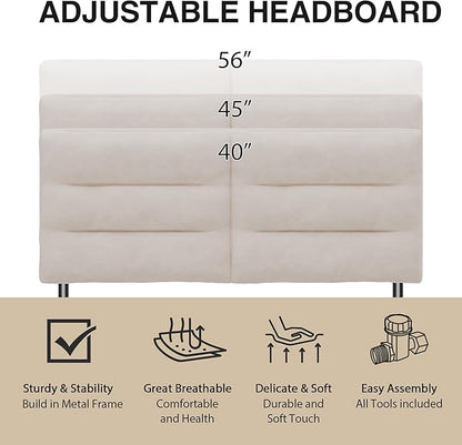 Queen Size Velvet Headboard Foldable Panels Backboard, Upholstered Full Headboard Adjustable Height from 42" to 56" Head Borad-Ivory